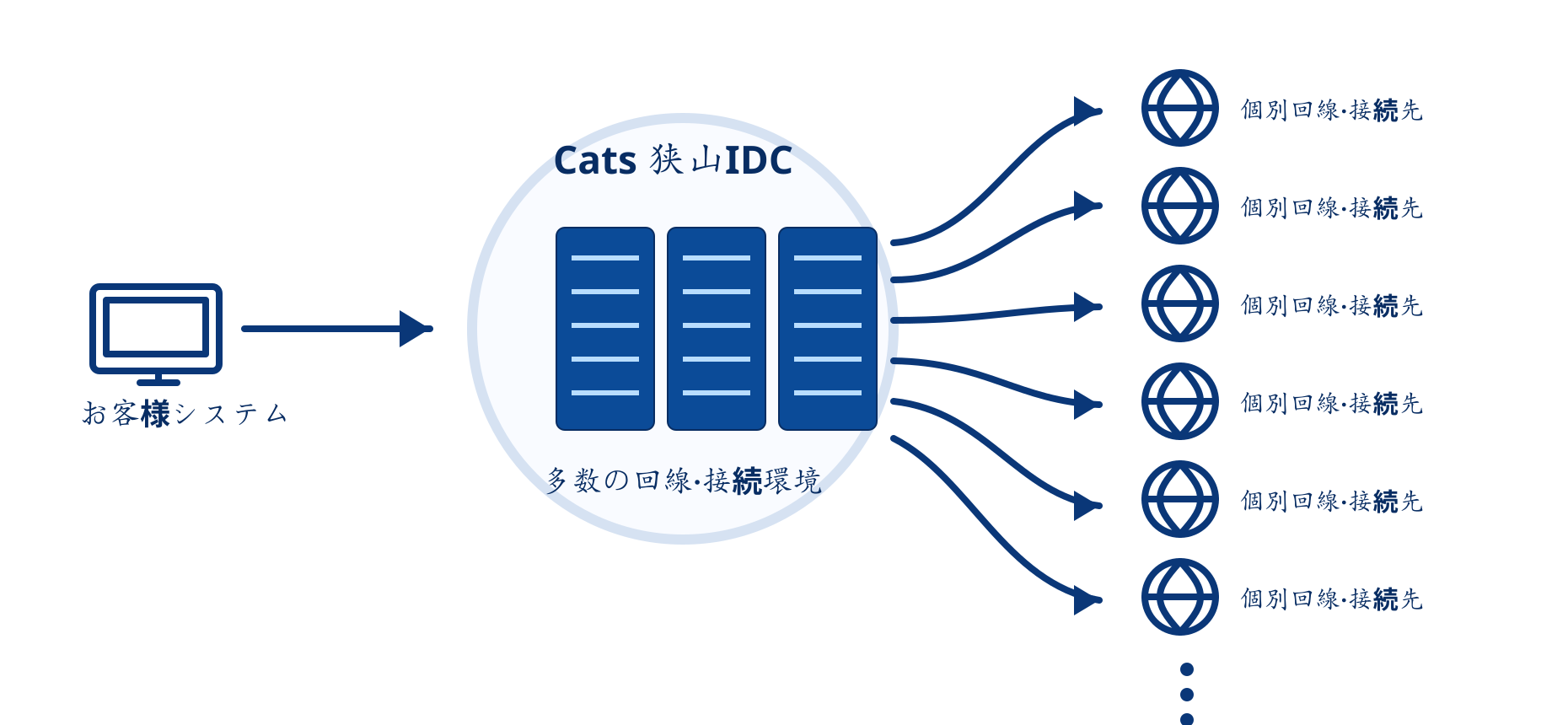 お客様システムから多数の個別回線・接続先へ接続する狭山IDCの多回線構成図