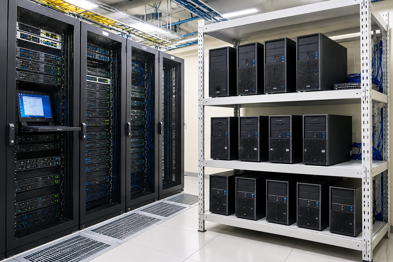 狭山IDCの19インチラックとタワー型サーバーの収容イメージ